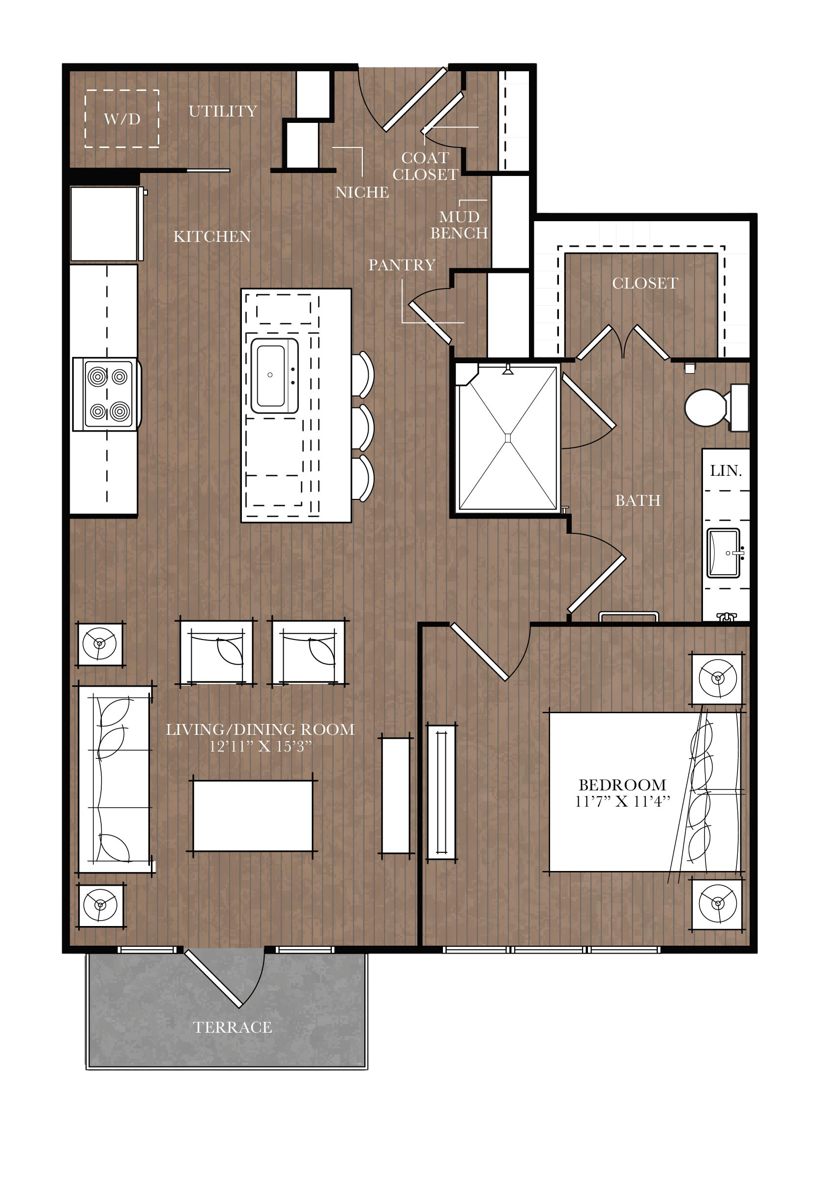 Floor plan for 1 bed, 1 bath, 726 sqft